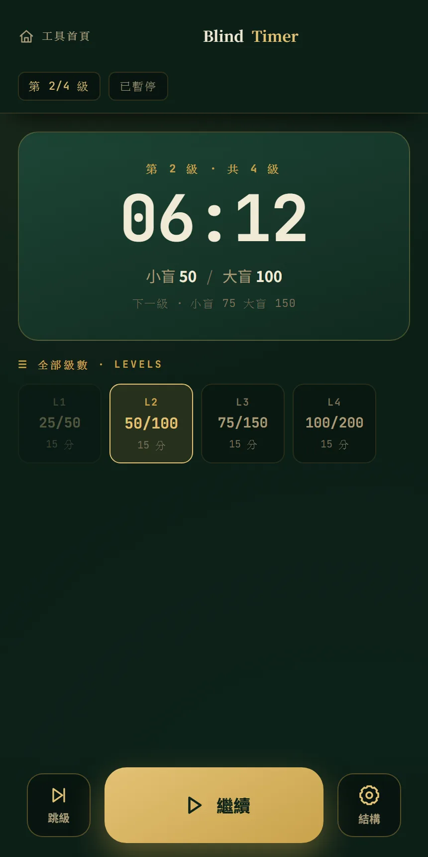 Blind Timer 實機畫面：倒數同 blind 級數